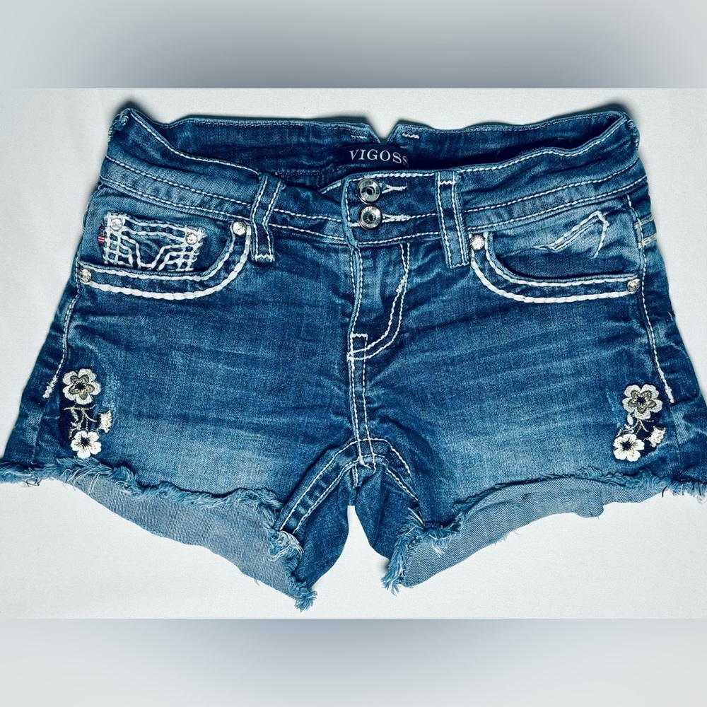 Vigoss Cut Off Denim Shorts Flower Rhinestone Embellished Women's Size 25 GOOD